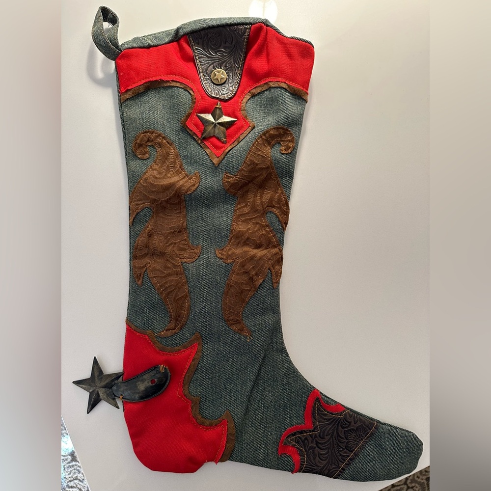 Western Denim Cowboy Boot Christmas Stocking with spur and star
